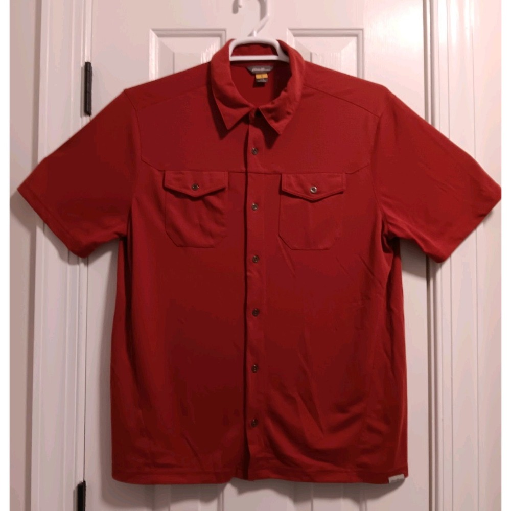 Eddie Bauer Mens Short Sleeve Button Down Shirt Rust Orange Cotton Large Vintage